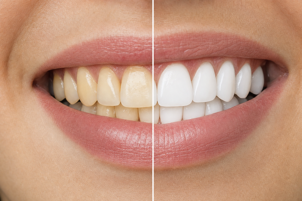Confronto prima e dopo di sbiancamento dentale, denti ingialliti a sinistra e denti bianchi a destra