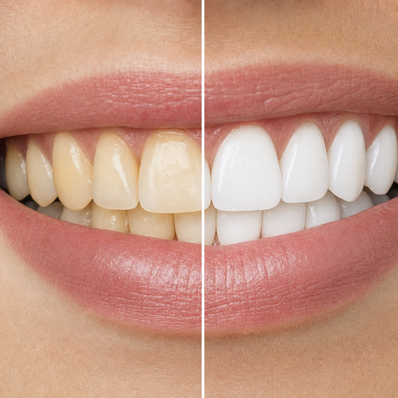 Confronto prima e dopo di sbiancamento dentale, denti ingialliti a sinistra e denti bianchi a destra