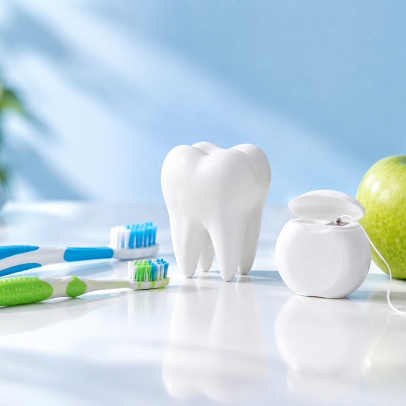 Spazzolini per adulto e bambino, filo interdentale, modello di dente e una mela verde per la prevenzione delle patologie orali