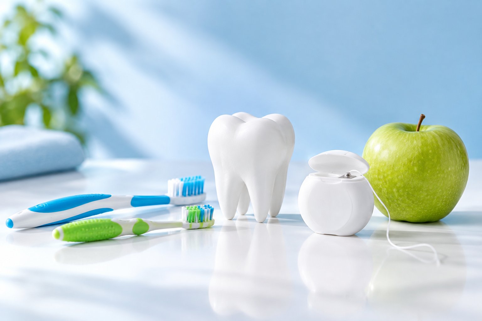 Spazzolini per adulto e bambino, filo interdentale, modello di dente e una mela verde per la prevenzione delle patologie orali