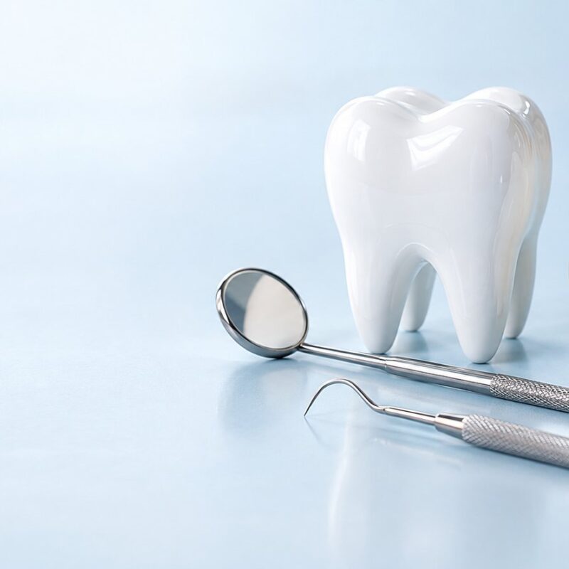 Modello di dente, specchietto e sonda dentale accanto a un salvadanaio: la prevenzione dentale è anche risparmio